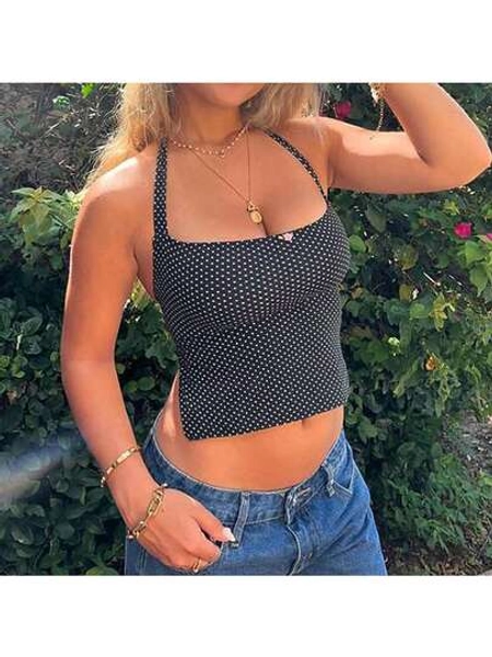 Women Tie Back Camisole Slim Dot Print Square Neck Backless Crop Cami Tops Summer Streetwear