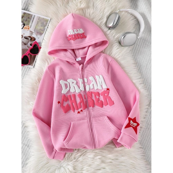 [Girls' Hooded Jacket] Girls' Hooded Jacket - Trendy Letter Design with Pockets - Long-Sleeve Fashion Outerwear for Teen Girls - Warm Autumn/Winter/Spring Casual Wear - Comfortable for Outdoor Play, Sports & Back-to-School