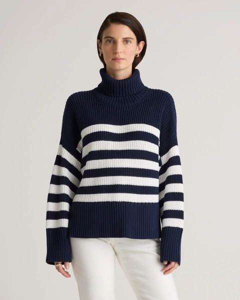 100% Organic Cotton Split Hem Turtleneck	Sweater in Navy/White