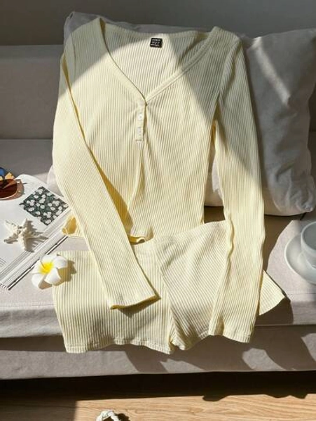 SHEIN EZwear 2 Pieces Set Women Cream Color Casual Long Sleeve Top And Shorts Set, Suitable For Summer Vacation, Beachwear, Home Wear, Spring Break Autumn And Winter