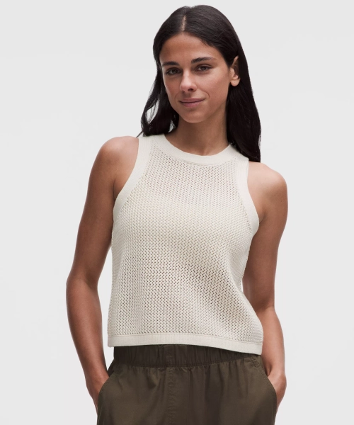 Cotton Crochet Mesh Tank Top - Light Ivory - XS