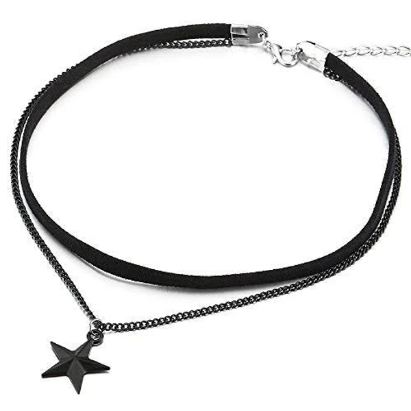 Ladies Two- Rows Pentagram Star Charm Pendant Choker Necklace