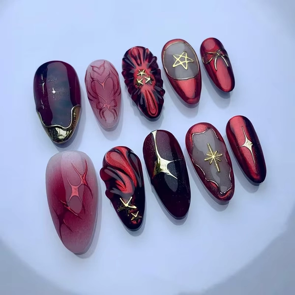24pcs Smudge Red False Nails Long Almond Fake Nail with Starlight Bow Design Full Cover Nail Tips Reusable Press on Nails Sets
