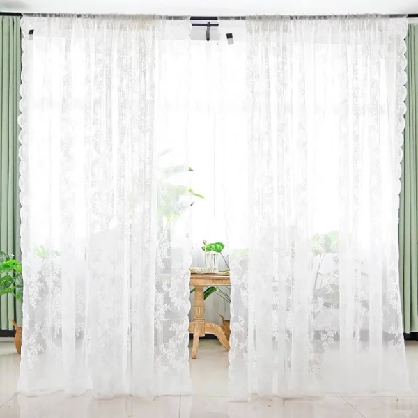 Sheer lace curtain with floral pattern – scalloped edge, white 150x270cm / Rod Pocket