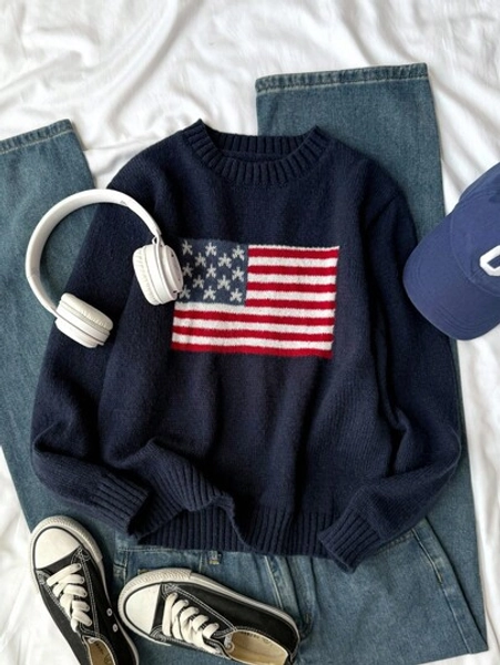 SHEIN Explorewe Girls American Flag Knit Sweater, Teens Round Neck Long Sleeve Star Striped Pullover Knit Top