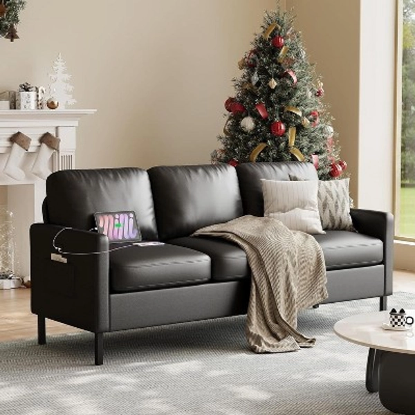 TYBOATLE 72" Faux Leather Loveseat Sofa with USB Ports & Side Pockets, Small 3-Seater Couch for Living Room, Bedroom, Office, Black