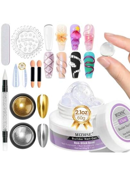 MIZHSE Solid Builder Gel For Nails, 60g Large Capacity Clear 3D Sculpting Gel For Nails Hard Gels Non-Sticky Hand Carving U V\/LED Extension Gels With 3D Mold Nail Art Salon Home DIY