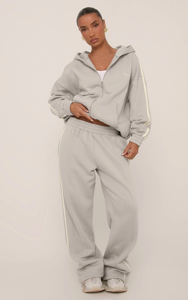 Oversized Mid Rise Contrast Stripe Wide Leg Joggers In Grey