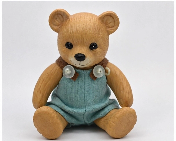 Vintage Homco Jointed Teddy Bear Figurine Blue Overalls Resin Collectible