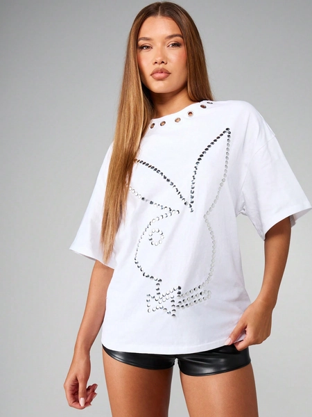 Missguided x Playboy Oversized T-Shirt With Lace Up Back And Bunny Print