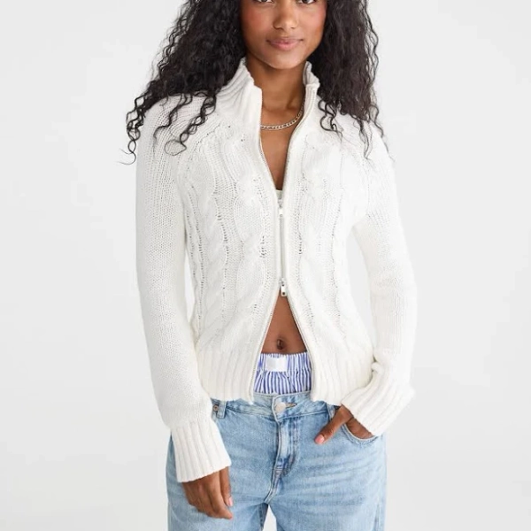 Aeropostale Women's Cable Mock-Neck Full-Zip Cotton Cardigan