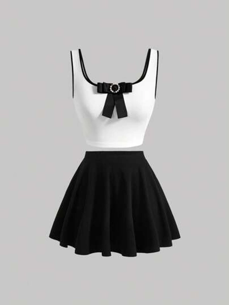 SHEIN MOD Bow Front Tank Top & Flare Skirt