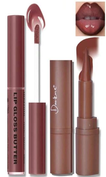 HOSAILY Lip Liner Butter Gloss Set, Dark Brown Plumping Lip Liner Lip Pencil Moisturizing Lightweight Lip Gloss Lip Combo, High Shine Glossy Lip Tint Lip Stain Makeup Long Lasting Lip Care For Women