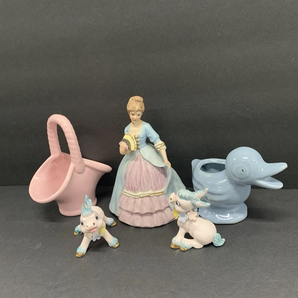 Dresser Set Vintage Lady Donkeys Duck Planter Basket Trinket Display Lot of 5