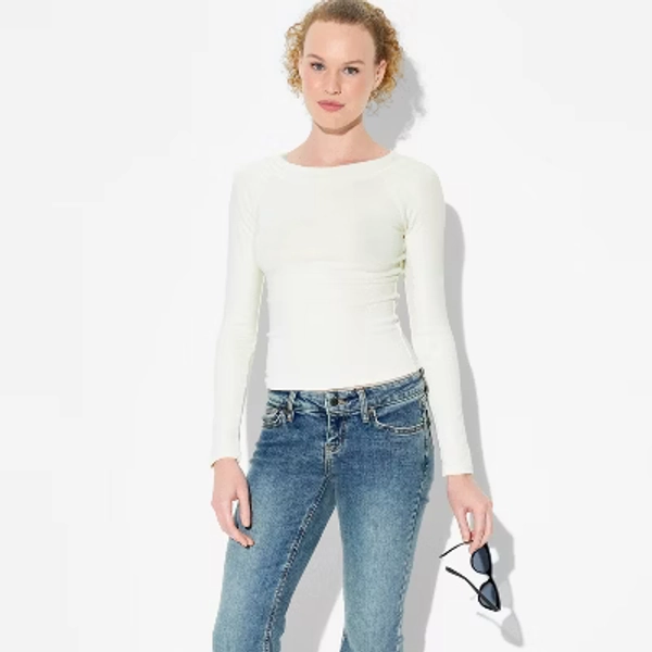 Women's Slim Fit Long Sleeve Boat Neck Ribbed T-Shirt - Wild Fable™ Off-White S
