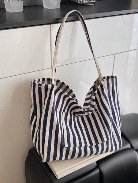 Retro Elegant Striped Canvas Tote Bag, Korean Style Casual Large Capacity Women Shoulder Bag, Suitable For Lady Travel And Vacation