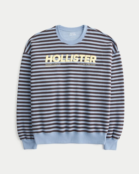 Hollister Feel Good Oversized Striped Logo Graphic Crew Sweatshirt