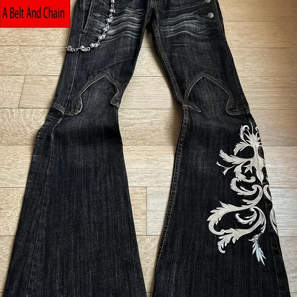 Heavy-duty Embroidered Jeans For Men, Punk Flare Pants, Y2k Washed Pants, Dark Pants, Featuring A Retro Style, Suitable For Daily Commuting And Street Wear. This Product Does Not Come With A Belt Or Chain