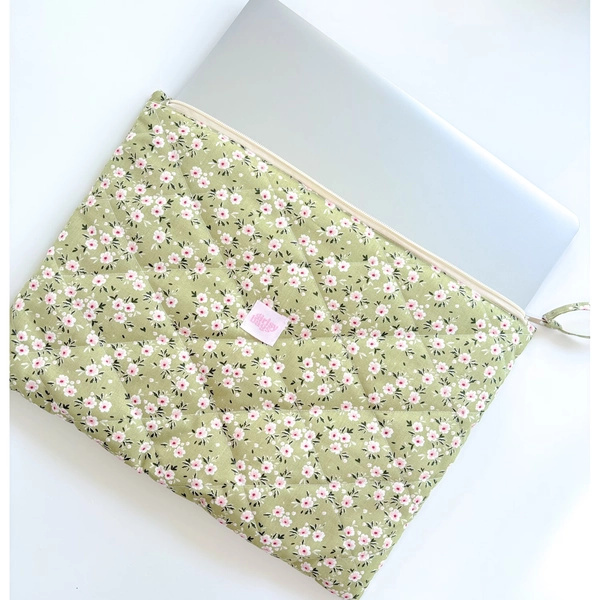 Floral Quilted Laptop Sleeve: Puffy Tablet Case, Green Macbook Pouch
