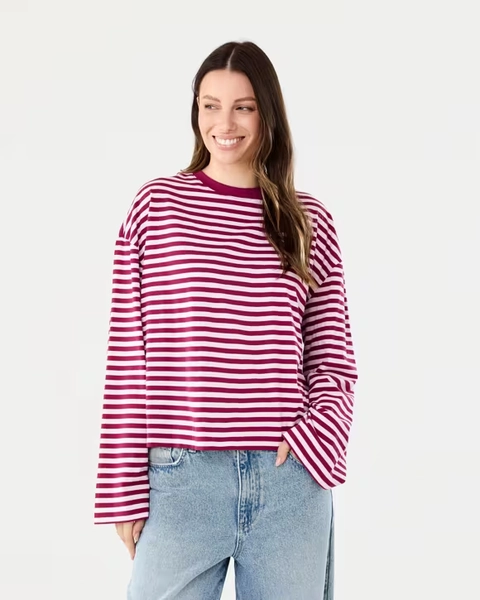 Long Sleeve Oversized Boyfriend Print T-shirt Cranstripe Size 10