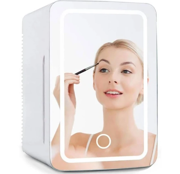 Coldbay Skincare Fridge with Mirror Door, LED Light, Cool and Warm Makeup Vanity Refrigerator, White