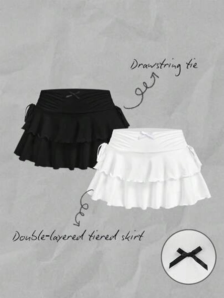 SHEIN MOD 2pcs/Set Casual Minimalist Women Belted Waist Cake Midi Skirt Set, Suitable For Summer, Bow Decor, Cute,Bowknot Strap Chic Dress