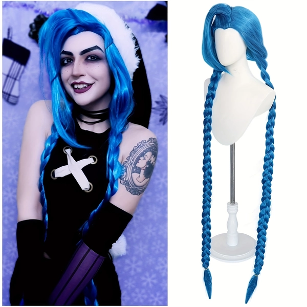 JINX Women 38 Inch Blue Braided Cosplay Wig/Long Straight Synthetic/Costume Wig for Halloween Anime Party