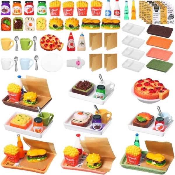 50 Pieces Dollhouse Miniature Fast Food Accessories Set Mixed Resin Food Drink Mini Hamburger Fries Juice Milk Bread Jam Cup Doll Kitchen Pretend Play