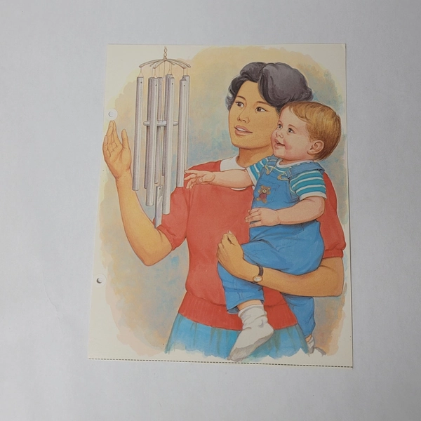 1980s Baby and Woman Looking at Windchime Vintage Mom Child Nursery Wall Art