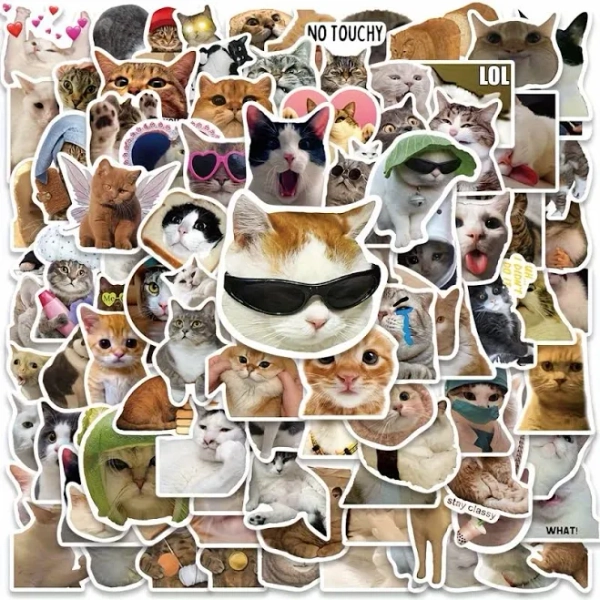 100pcs Cute Meme Kitten Cat Pattern Funny aniamls Stickers Decorative PVC Waterproof Sticker for DIY Pet Collection Decoration for Kids Party Gift