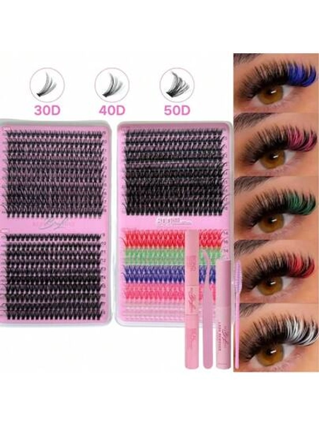 800pcs Colorful DIY Lash Extensions Kit, 8 Styles 30D+40D+50D+Colored Fluffy Individual Cluster, D Curl Volume Dramatic Eyelash Extensions 9-18mm Mixed Tray, Bulk Personal Lash Extensions With Lash Bond & Seal And Lash Tweezer DIY At Home, Suitable For Daily Makeup And Role Play, Reusable