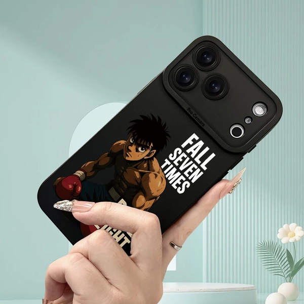 Factory Wholesale Price) - Hot-Selling Creative Boxing Style Character + "FALL SEVEN TIMES" Text Printed Black Matte Phone Case, Suitable for Iphone 17/16/15/14/13/12/11/XS/XR/X/7/8 Plus/Pro/Max/Mini - A Creative And Fashionable Design for Both Men