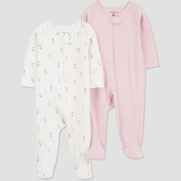 Carter's Just One You® Baby Girls' 2pk Floral Sleep N' Play - Pink/Ivory 6M: Cotton Blend Footed Pajamas, Two-Way Zipper, Long Sleeve