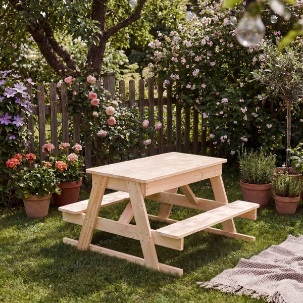 Maxx Kidz Picknicktafel voor Kinderen - Kindertafel met 4 Plekken - Kinder Speeltafel van Hout - Tuintafel Kind voor Binnen en Buiten - Met Zandbak en Krijtbord