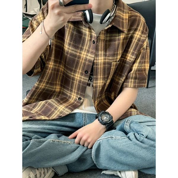 Summer Trendy Men's/New Retro Plaid/Short Sleeve Shirt/Boyish Outfit Fashion Niche/All-Match Daily Outer Casual Shirt