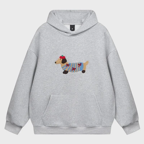 Qilin Dachshund Embroidered Furry Hoodie: Trendy Gray Autumn/Winter Sweater for Couples.