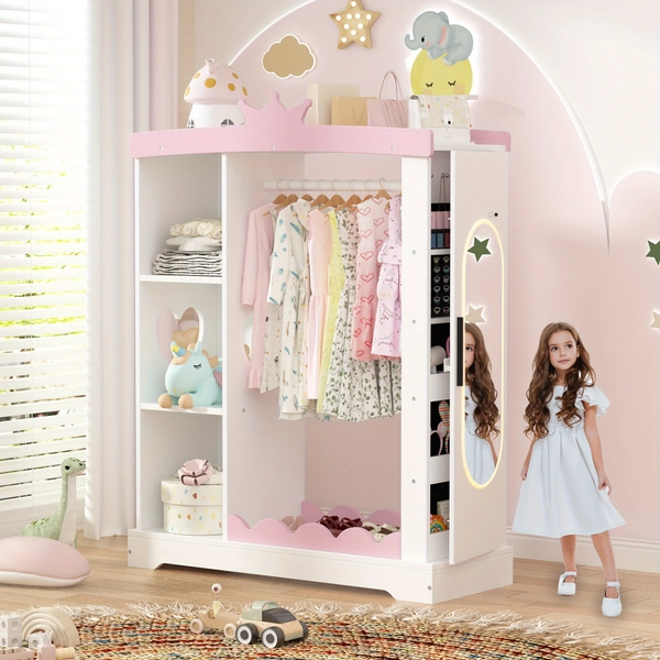 Girls' Pink Princess Dresser & Wardrobe with Mirror, Jewelry Cabinet & Shelves - Tall Kids Armoire for costumes, Dresses, Outfits - MDF/Fiberboard (27"+ Height), Easy Assembly, for bedroom, Dress-Up Room Storage