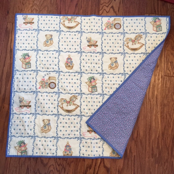 Vintage 70s/80s Baby Infant Hand Made Blanket Quilt Pastel Toy Print Calico Back