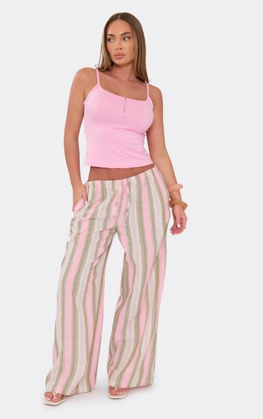 Mid Rise Wide Leg Trousers In Pink And Green Stripe