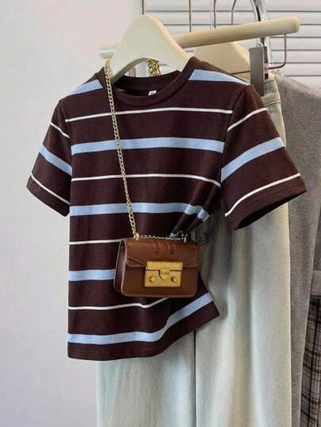 Muvela Women's Brown Stripe Summer Casual School Back-To-School Minimalist College Style Asymmetrical Round Neck Loose Short Sleeve T-Shirt,Versatile Top - Size XXL