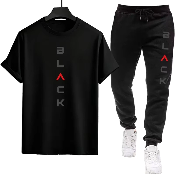 Black Letter Print Mens Tracksuit T-shirt + Pants Urban Causal Sports Outfit Male Spring Summer Home Outdoor Comfort Tees Set - AliExpress 200000343