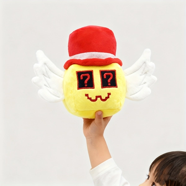 Curious Plush Doll - Soft & Healing Curious Little Sprite, Chubby Yellow Q-Shaped Plush With Vintage Red Hat (White Trim), Angelic White Wings, Question Mark Eyes & Pixel Smiley Face | Soft Fluffy Q-Elastic Texture | Fantasy Mix & Pixel Retro Style