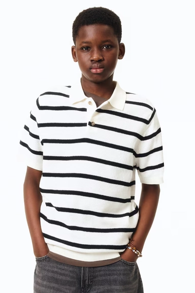 Waffle-Knit Polo Shirt - White/black striped