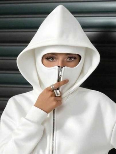 Social Anxiety Essential, With Mask, Women's Loose Fit Regular Length Double Layer Hoodie, Zipper With Pockets, Autumn/Winter Clothing