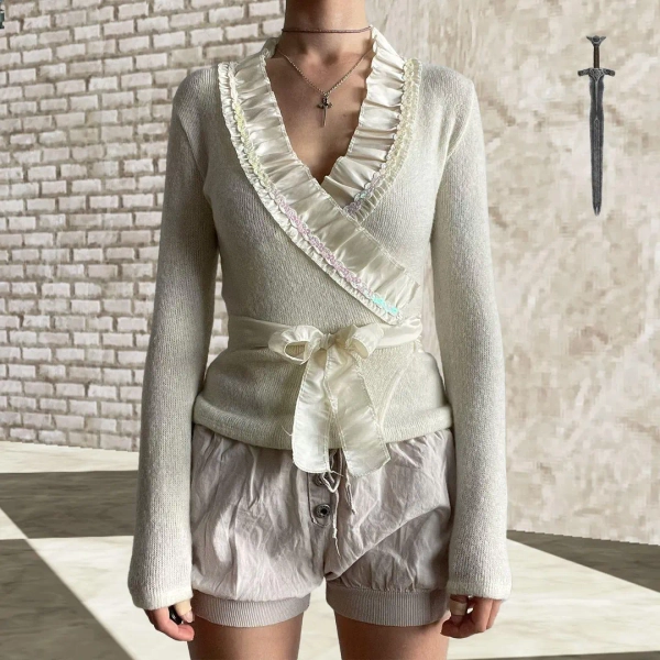 Cream Mohair Blend Wrap Cardigan Featuring Ribbon Tie, Sequins - XS - Etsy Australia