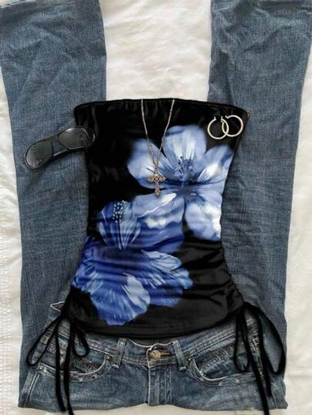 Attitoon Women's Casual Vintage Tight Cinched Knotted Tube Top Blue Floral Top Blue Flower Top Dark Blue Top Blue Top Women Blue Floral Tube Top Goth Suitable For Going Out