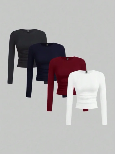 SHEIN EZwear Multi-Color Basic Crew Neck Tight Fit Women's T-Shirt,Fall,Fall Clothes For Women Long Sleeve Tops Solid Color 4 Pack Crop Fitted