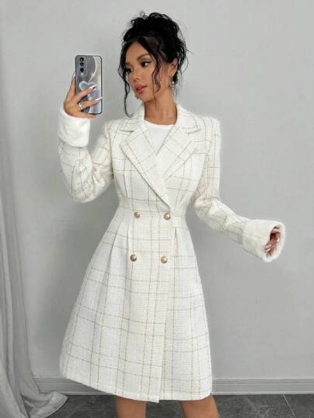 Selianne New Autumn/Winter Women' Thick Long Sleeve Gold Button Closure Waist Designed Fur Cuffs Fitted Knee-Length Coat Fall Cloth For Women - Size S
