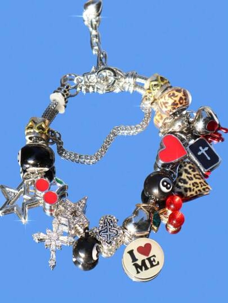 1pc 8 Ball Cherry Charm Bracelet, 1pc 777 Heart Cherry Skull Dark Bracelet, 1pc Cross Star Bracelet, 1pc Playing Card Dice Punk Music Festival Bracelet