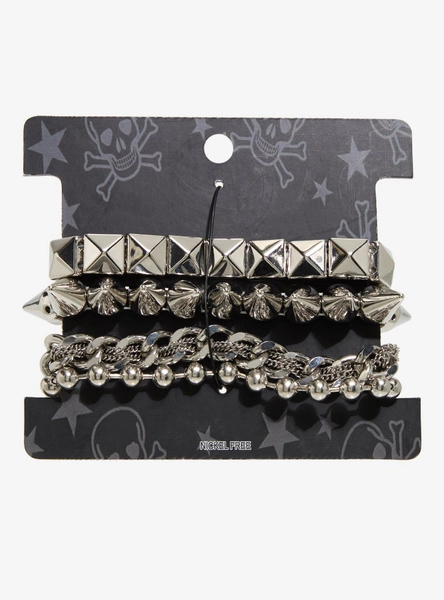 Pyramid Stud Spike Chain Bracelet Set